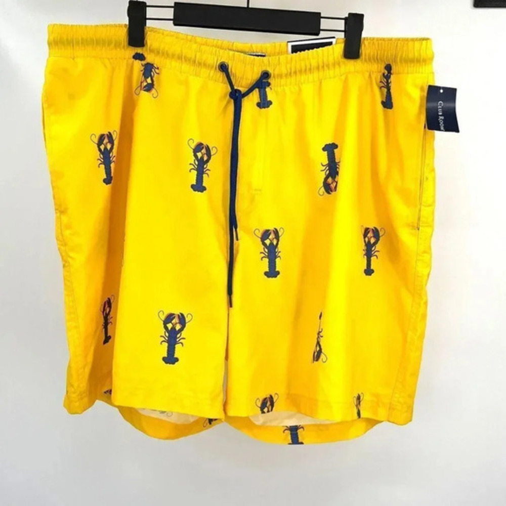 Club Room Lined Swim Trunks Mens XXL Yellow Quick Dry Novelty‎ Print 7"Inseam
